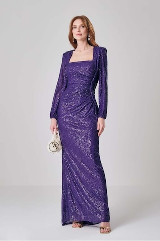 Explosion Pullu Maxi Abiye Elbise - Kare Yaka - Uzun Kol - Özel Günler Mor