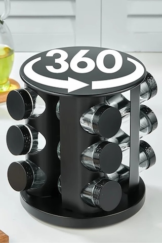 Makri Home 360 Dönebilen Paslanmaz Standlı Cam Baharat Seti - 12'li Yuvarlak Siyah Siyah
