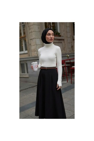 Sonbaharmoda Kadın Boğazlı Likralı Triko Badi Parmak Geçmeli Kol, Tek Beden,100% Akrilik Beyaz