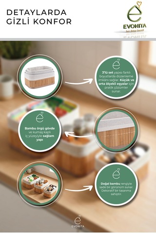 Bambu Organizer Seti 3'lü 2 Boy Parça Çok Amaçlı Banyo Mutfak Dolap Düzenleyici Sepet Seti Dayanıklı Renkli