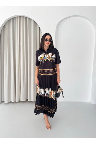 Asprinfashion Plise Etekli Baskılı Bayan Gömlek Etek Takım Siyah
