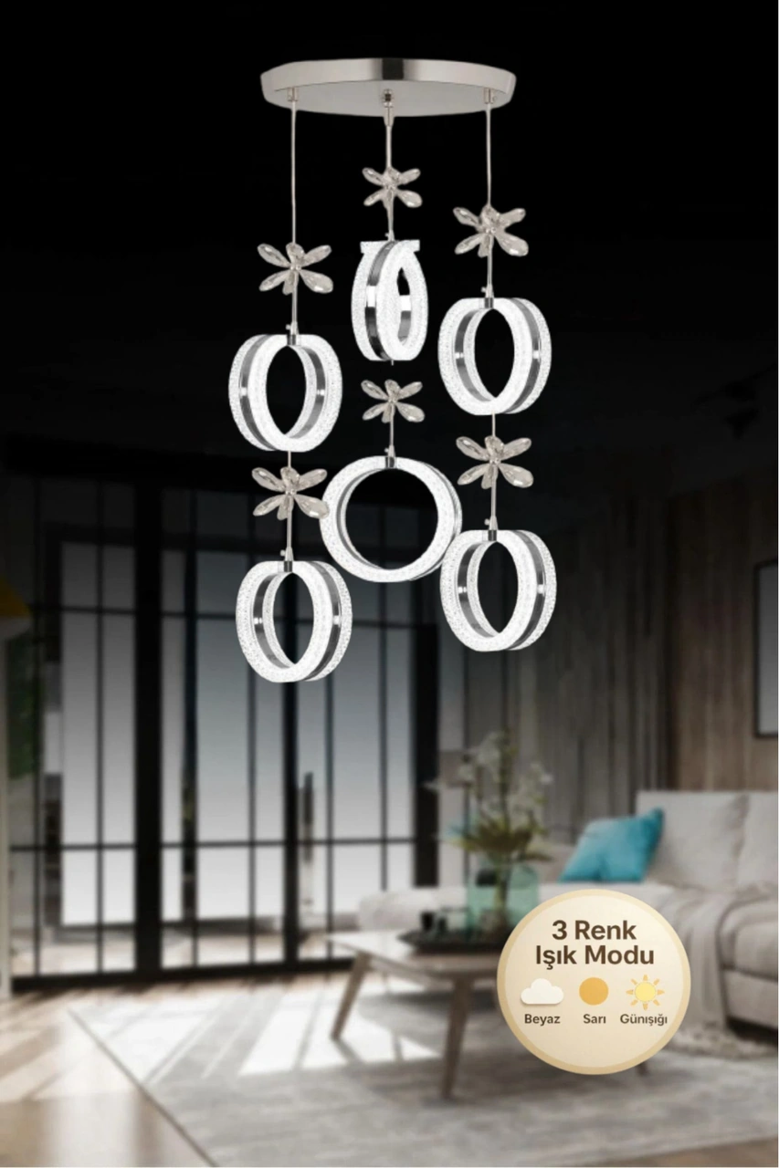 Aurea Model 6'lı Kristal Taşlı Gümüş 3 Renk Modu Ledli Salon Mutfak Oturma Odası Sarkıt Led Avize Gümüş