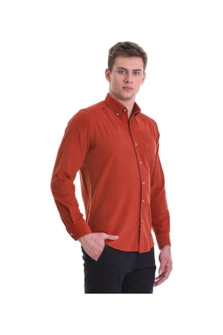 Hatemoğlu Kiremit Slim Fit Düz 100% Pamuklu Düğmeli Yaka Uzun Kollu Klasik Kiremit