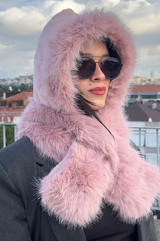 Mollycrush Kadın Pembe Suni Kürk Eşarp Atkı Şapka Kışlık Sıcak Tutan Soft Peluş Model Pembe