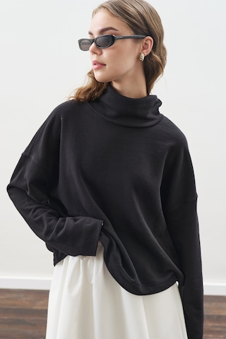 Yüksek Yakalı Oversıze Sweatshırt Siyah Siyah