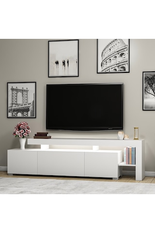 Beliz Modern LED Işıklı 3 Kapaklı, Raflı TV Sehpası – 192 cm, Beyaz