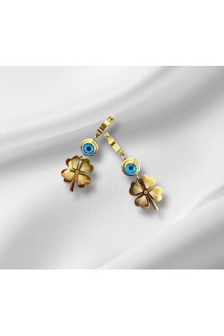 Çelik Yonca Ve Nazar Sallantılı Küpe