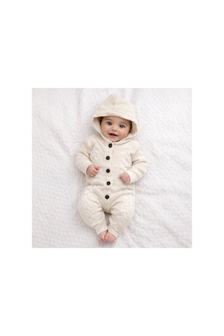 Babysena Kapüşonlu Örgü Kız Bebek Tulum Ekru