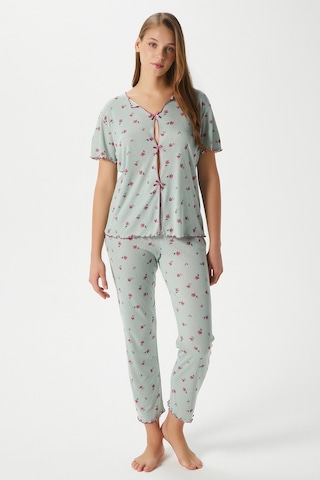 Ritnice Kadın Juliet Kurdeleli Yumuşak Doku Yeşil Çiçekli Pijama Takımı