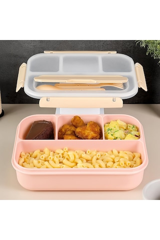 Sızdırmaz Contalı Yemek Kabı - 4 Bölmeli Çatal Kaşıklı Diyet Beslenme Kutusu Lunch Box Pembe Sku: Smgstk0c10230d34 Açık Mavi