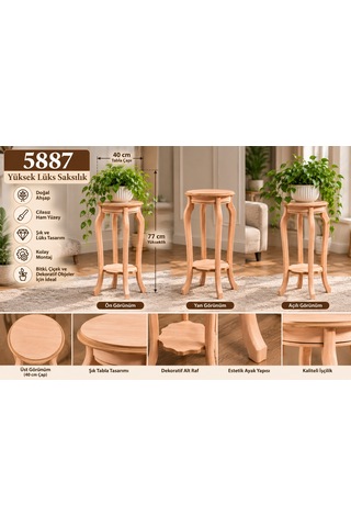 Mmb-trade 5887 Yüksek Lüks Saksılık 77 Cm Cilasız Ham Ahşap Dekoratif Çiçeklik Standı, Boyanabilir Yuvarlak Saksı Sehpası 40x40x77 Cm Mmbz