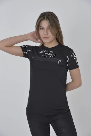 Unisex Göğüs Fermuarlı Baskılı T-shirt - Siyah 001 Unisex Göğüs Fermuarlı Baskılı T-shirt - Siyah 001