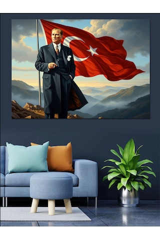 Tepede Dalgalanan Türk Bayrağı Ve Atatürk Dekoratif Kanvas - Mdf Ahşap Tablo