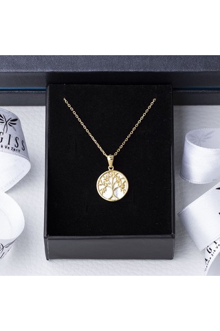 Hayat Ağacı Sedef Taşlı 925 Ayar Gümüş Gold Rengi Kadın Kolye Gold