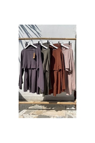 Unika Boutique Ham Keten Bohem Bluz Etek Takım Haki