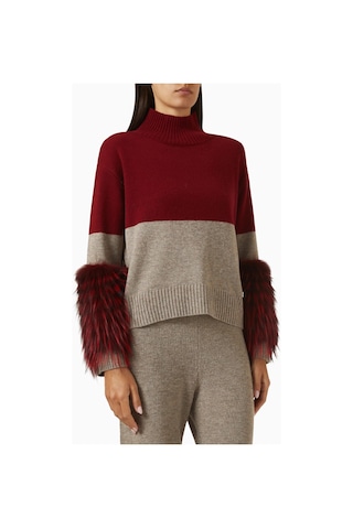 Izaak Azanei Half - Half Cuff Sweater, Lüks Triko Faux Kürk Detaylı Kazak Kırmızı