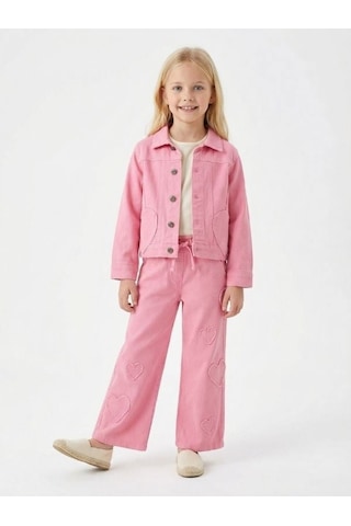 Zekids Kız Çocuk Kalp Detaylı Üçlü Takım Ceket + Bluz + Pantolon -17174 Pembe
