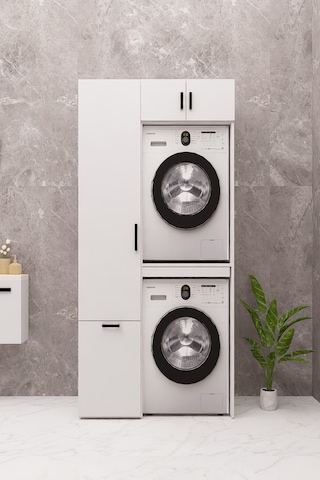 Mdf Çamaşır Makinesi Ve Kurutma Makinesi Dolabı Sepetli Beyaz