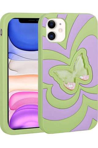 Apple Uyumlu iPhone 11 Kılıf Sıvılı Simli Kelebekli Tasarım Zore Vodena Kapak Yeşil
