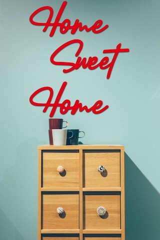 Kırmızı Home Sweet Home Yazısı Duvar Tablosu Ahşap Tablo Kapı Süs