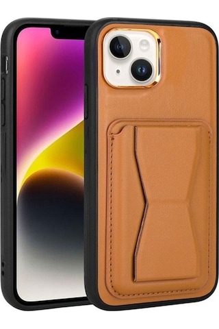 Apple Uyumlu iPhone 14 Plus Kılıf Kartlıklı Standlı Pu Deri Zore Memo Kapak Kahve Açık