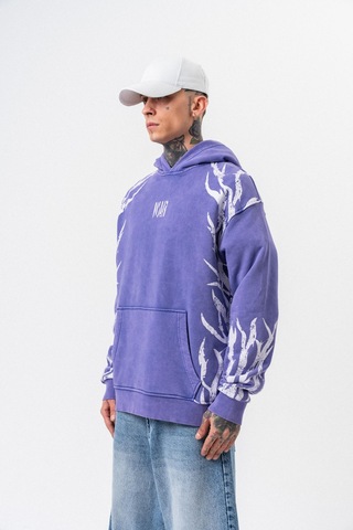Respire Erkek War Baskılı Yıkamalı Kapüşonlu Oversize Hoodie Mor