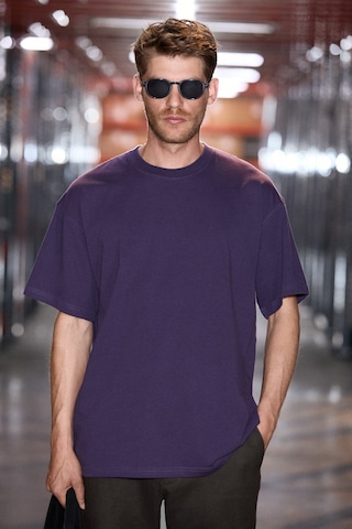 Grımelange Jett Erkek Oversize Fit %100 Organik Pamuk Kalın Dokulu Bisiklet Yakalı Koyu Mor T-shirt