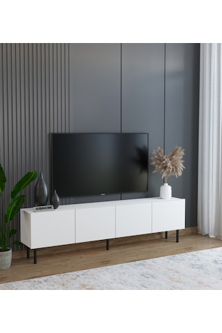 Minimalist 160 Cm Demir Ayaklı Modern Tasarım Beyaz TV Ünitesi