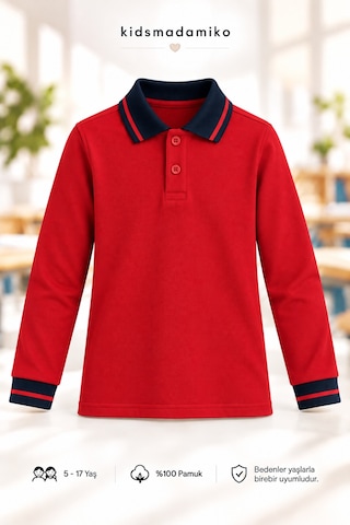 Kidsmadamiko Kız Çocuk Uzun Kollu Polo Yaka %100 Pamuk Pike Okul Tişörtü Kırmızı