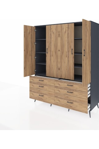 Kronos Gardrop 8 Raflı 6 Çekmeceli 4 Kapaklı 176x59x221 Antrasit-çam Çam