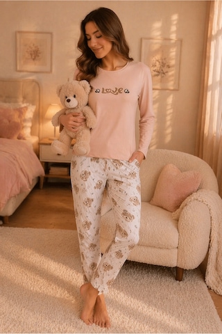 Rindahomewear Kadın Love Baskılı Süprem Uzun Kol Pijama Takımı Bej1