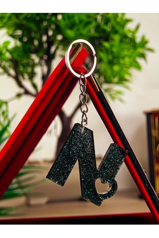 Harfli Anahtarlık Epoksi Kişiye Özel Yapım El Yapımı Harf Anahtarlık Kalp Model Özel Tasarım Hediyelik Ürün Kalp Desenli Simli Anahtarlık Altın - Siyah