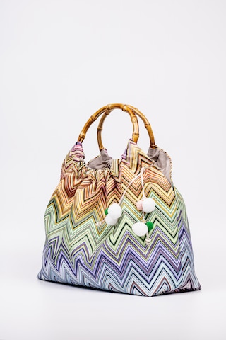 Fabric Craft Bag El Çantası Bambu Saplı Zigzag Desenli Duck Kumaş Çok Renkli