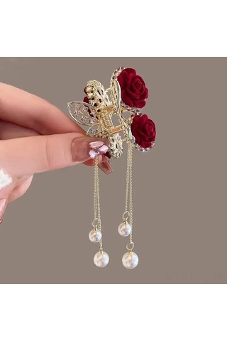 Dofolink Bordo Floklu Gül Ve İmitasyon İpek Tasselli, Taşlı Altın Renkli Saç Klipsi - Günlük Ve Fotoğraf İçin Zengin Retro Stili Çok Renkli