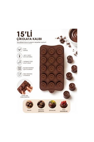 15 Li Silikon Çikolata Kalıbı Pralin & Dolgulu Çikolata Kalıbı Esnek Yapışmaz Silikon -40 C / +230 C Isıya Dayanıklı Kahverengi