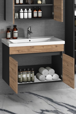 Çiğdem 80 Cm Antrasit Gri Mat-Atlantik Çam Mdf Banyo Alt Dolabı Antrasit - Atlantik Çam