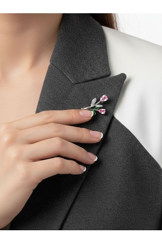 Oya Silver Minimal Pembe Kuvars Taşlı Gümüş Çiçek Broş 1.5x2.4 Cm Oya-bz667