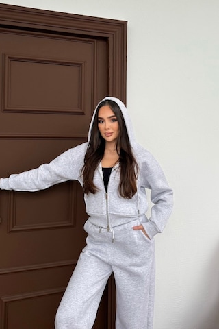 Mezka Kadın Çift Fermuar Detaylı Kapüşonlu Kışlık Şardonlu Oversize Eşofman Takımı Gri