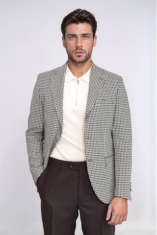 Siyah & Krem Kazayağı Desenli Gold Renk Metal Düğmeli Slim Fit Erkek Blazer Ceket - Wessi Cream