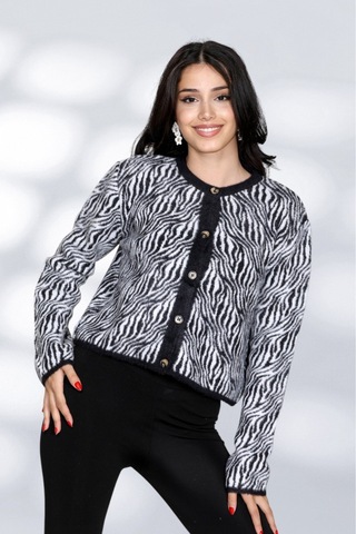 Newco Tüylü Zebra Desen Detaylı İnicili Düme Moderen Ve Rahat Kalıp Triko Hırka - Siyah Siyah