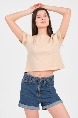 As Collection Bej Bisiklet Yaka Kısa Kol Örme Kadın Crop Bej