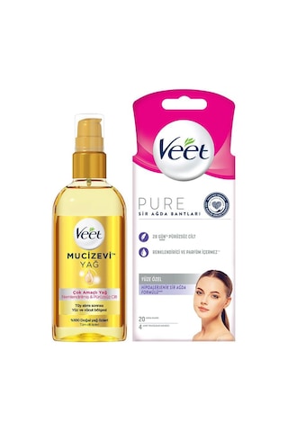 Veet Mucizevi Yağ Nemlendirici 100 ML + Pure Hipoalerjenik Yüz Bölgesi için Sir Ağda Bantları 20'li