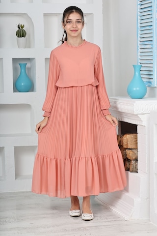 Kız Çocuk Uzun Boydan Pliseli Pamuklu Şifon Uzun Elbise SOMON