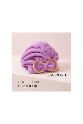Prenses Peluş Mikrofiber Saç Kurulama Havlusu Çizgi Fiyonklu, Pratik Saç Bonesi - Duş, Makyaj Ve Bakım Saç Wrap Mor