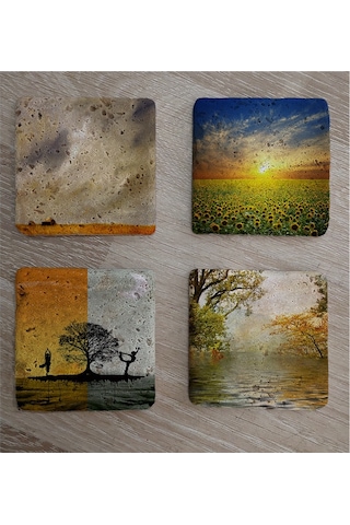 Yoga Denge Ve Gün Btımı Manzaralar Doğal Taş Bardak Altlığı 4'lü Set - Natural Stone Coasters - Taş Çok Renkli