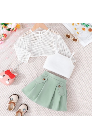 Yeşil Çocuk Giyim Kız Setleri Oymak Üst + Cami Üst + Haki Etekler 3 Adet Yaz Takım Elbise Setleri Kızlar Için 12M-6Y Çocuk Giysileri 12M-6Y Yeşil