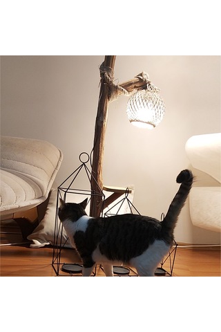 Uzun Ahşap Halatlı 2li Sarı Ledli Lambader Abajur Aplik