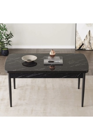 Zümra Serisi, Siyah Mermer Desen 80x132 Açılabilir Mdf Mutfak Masası Takımı 6 Adet Sandalye, Krem