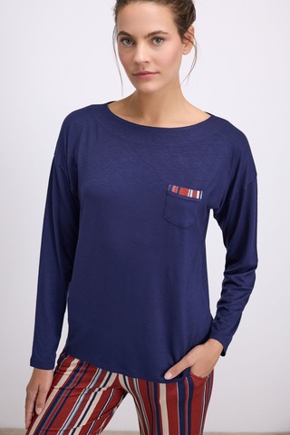Man11577-1020 Anil Ev Giyim Anıl Kadın Lacivert Uzun Kollu T-shirt Ve Çizgili Pantolon Takımı 11577 Lacivert
