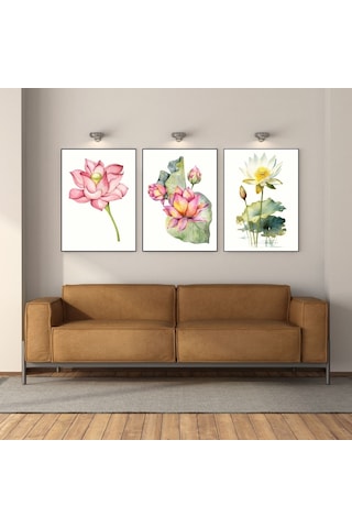 Suluboya Lotus Çiçeği 3'lü Japon Çiçek Çerçevesiz Poster 50 X 70